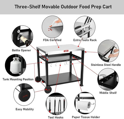 3-Shelf Outdoor Grill Table,Pizza Oven Table for Outside,Movable Grill Cart with Wheels,Indoor & Outdoor Cooking Station, Pizza Oven Stand for Ooni Blackstone Griddle 33.5”x 21.7”