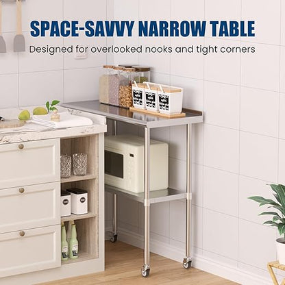 Stainless Steel Table with Wheels 18 x 36 Inches Metal Prep Table with Backsplash & Caster, Adjustable Undershelf for Commercial Kitchen, Outdoor, Restaurant, Hotel & Garage