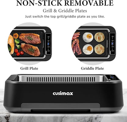 Indoor Grill, CUSIMAX Electric Smokeless Grill & Griddle with REPLACEABLE Smoke Filter Sponge, 1500W Korean BBQ Grill, Smart LED Display, Larger Grilling Area, Black(New Model)