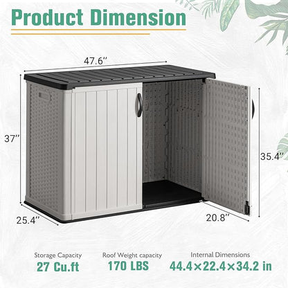 Greesum Outdoor Horizontal Storage Sheds 27 Cu.ft Resin Large Storaged Box Weather Resistance, Without Shelf, Easy to Assemble, Prefect for Garden, Patios, Backyards, White
