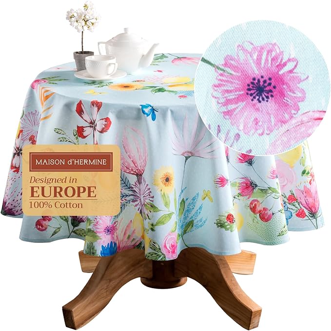 Maison d' Hermine Table Cloth Round Table 100% Cotton 69 Inches Tablecloth Reusable Decorative for Dining Room, Farmhouse, Home, Party, Festive & Wedding Spring Summer - Jardin D'Ete - Mint