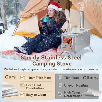 Sauna Hot Tent Stove, Rocket Camping Wood Burning Stove with 8 Stainless Chimney Pipes, Portable Folding Wood Stove for Tent, Outdoor Heating, Cooking, Ice Fishing, Hunting