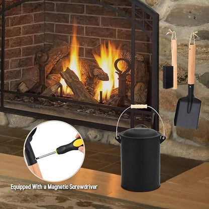 FEED GARDEN 2.5 Gallon Ash Bucket with Lid,Shovel,Broom and Screwdriver,Bucket Ash Can for Fireplace Fire Pits,Wood Stoves,Fireplace Galvanized Iron Bucket,Pellet Charcoal,Indoor Outdoor，Black