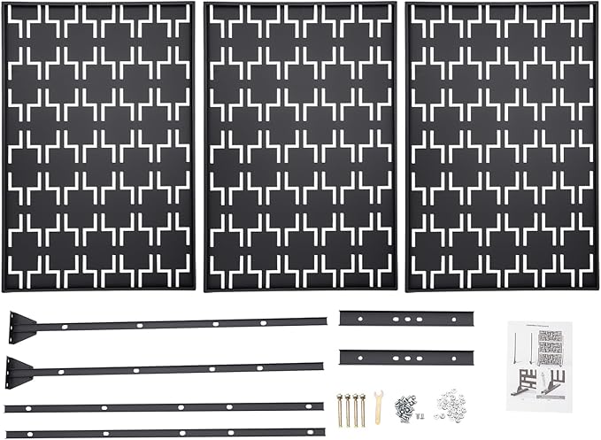 75" H×35" W Decorative Outdoor Privacy Screen with Stand, Outdoor Decor Privacy Fence Screen Metal Fence Panels, Free Standing Metal Divider for Patio Lawn Deck (Black-Rectangular)