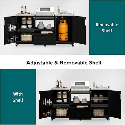 Merax 66.5" Outdoor Grill Table for Big Green Egg, Farmhouse Kitchen Island on Wheels with Stainless Steel Tabletop, Drawer and Spice Rack, Solid Wood Outdoor Storage Cabinet for Backyard, Black