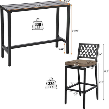 Outdoor Patio Bar Set, Bar Height Patio Dining Set, Weather-Resistant Bistro Counter Pub Set with Cushions & Slatted Tabletop for Backyard, Garden, Yard (47" Table, 2 "X Style Stool, Black)