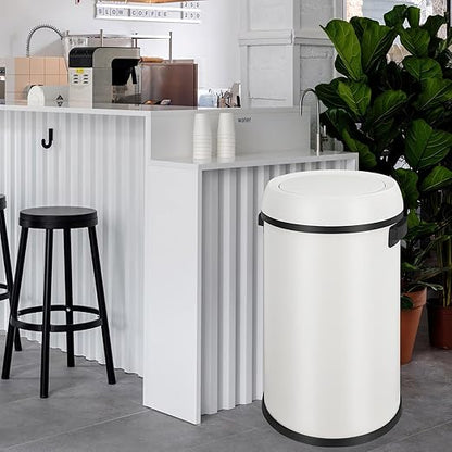 GarveeHome 17 gal/65 L Swing Top Trash Can, Stainless Steel Rubbish Bin, Commercial Grade Waste Container, Round Garbage Can for Outdoor, Home Office, Restaurant, White