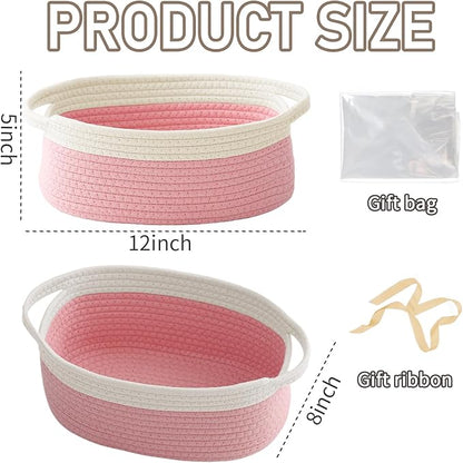 Woven Basket,Small Rope Storage Bin with Handles & Ribbon Bag, Organizer for Shelves Closets,Gift Basket Empty for Birthday,Books,Dog Toys, White&Pink/2 Pack
