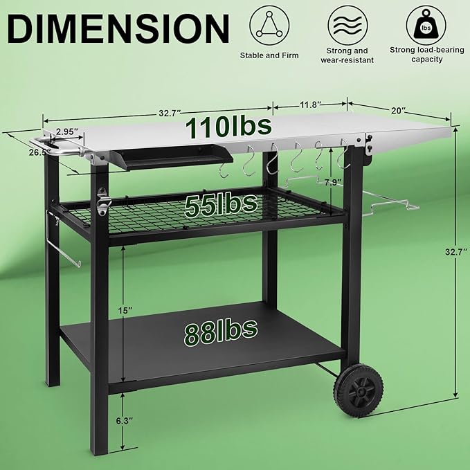 EDOSTORY Outdoor Grill Cart Pizza Oven Stand, Three-Shelf Stainless Steel Food Prep Table Patio BBQ Grill Table Bar Cart Kitchen Island with Wheels