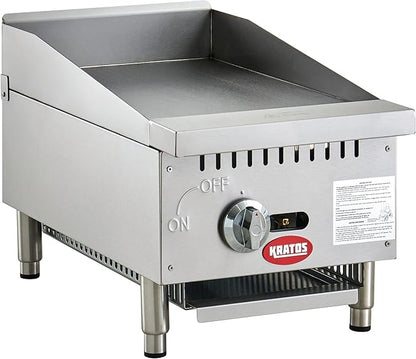 Kratos 15" Wide Commercial Countertop Griddle, Gas Hot Plate for Restaurants, Manual Control, 1 Burner, Compact Space Saving Gas Girddle, Powerful 30,000 BTU Output (29Y-176)