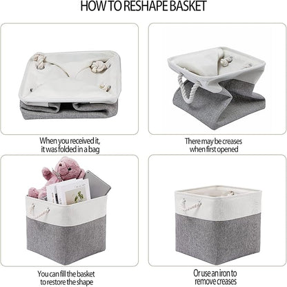 13 x 13 Inch Cube Storage Bins, 4 Pack Large Collapsible Fabric Storage Bin with Ropes, Foldable Storage Cubes for Home, Office,Closet, Clothes, Toys Organizer (White & Grey)