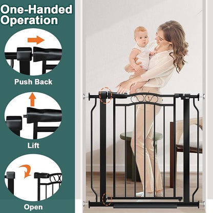 Fairy Baby 29.5"-33.5" Baby Gate for Doorways, Dog Gate for Stairs No Drill, Pressure Mounted Safety Pet Barrier with Arch Design, Auto Close Tension Metal Baby Gate with Door Indoor Outdoor, Black