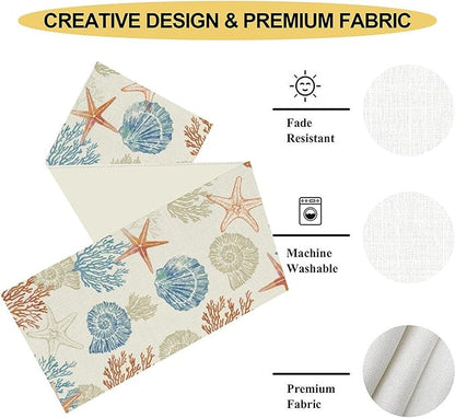 Coastal Table Runner, Rustic Farmhouse Nautical Starfish Seashells Coral Tropical Ocean Beach Blue Summer Coffee Table Center Decor for Home Kitchen Dining Indoor Outdoor Table Decorations, 13"x72"