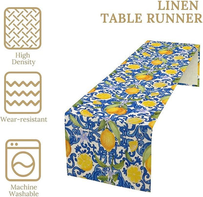 Rustic Lemon Table Runner,Vintage Morocco Blue Mediterranean Spring Summer Fruit Print Table Runner for Farmhouse Kitchen Dining Table Home Party Decor 13x120in