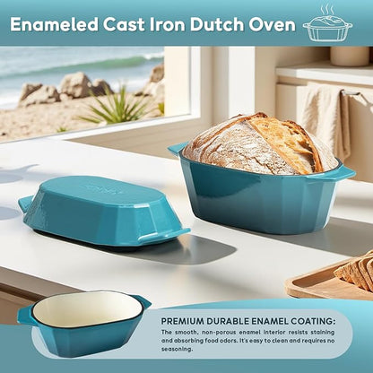Enameled Cast Iron Dutch Oven for Bread Baking – 3QT Oval Round Heavy Duty Bread Pan with Lid, Non-Stick Ceramic Coating,Loaf Cast Iron Bread Oven for Sourdough, Baking, Roasting, Braising, Stovetop & Oven Safe