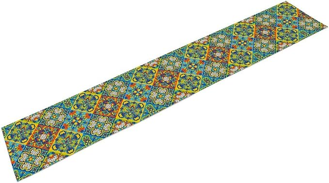 Mexican Table Runner, Blue Rustic Mexico Talavera Ceramic Hand Painted Tiles Cinco De Mayo Coffee Table Center Decor for Family Kitchen and Dining Patio Indoor Outdoor Table Decorations, 13" X 72"
