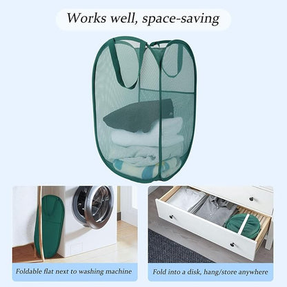 Upgraded 100L Extra Large Mesh Pop Up Laundry Basket With Handles, Light Breathable, Fold Compact, Large Hold Portable Foldable Dirty Clothes Basket For Bedroom, Laundry Room, Dorm, Hotel, Green.V