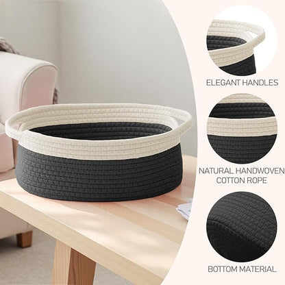 Woven Basket,Small Rope Storage Bin with Handles & Ribbon Bag, Organizer for Shelves Closets,Gift Basket Empty for Birthday,Books,Dog Toys, White&Black/3 Pack