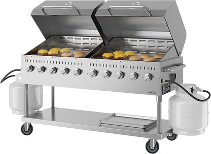 72 in. 10-Burner Commercial Outdoor Propane Gas Grill with Two 36 in. Roll Dome Covers in Stainless-Steel, ETL Listed (CGKIT7-D36D36)
