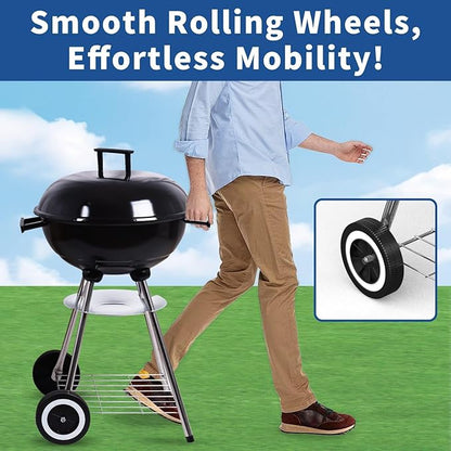 18 Inch Portable Charcoal Grill, Heavy Duty Kettle BBQ Smoker with Built-in Thermometer & Removable Water-Rinsable Ash Catcher for Outdoor Camping, Patio, Backyard, and Tailgating
