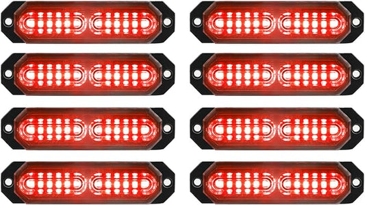ASPL 8pcs Sync Feature Ultra Slim 12-LED Surface Mount Flashing Strobe Lights for Truck Car Vehicle LED Mini Grille Light Head Emergency Beacon Hazard Warning Lights (Red)