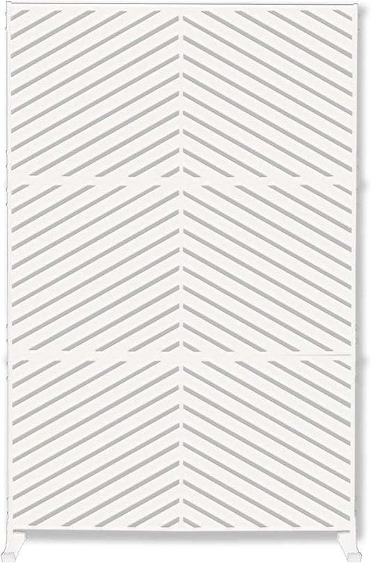 Kozyard Metal Privacy Screen 74" H x 47.2" W Decorative Outdoor Divider with Stand Panels Freestanding Screen Set for Deck Patio Balcony Garden Outdoor&Indoor (White/Chevron)