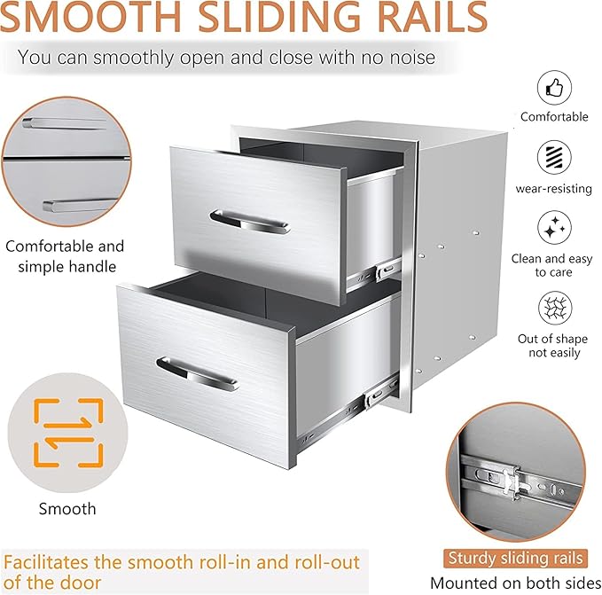 Outdoor Kitchen Stainless Steel Triple Access BBQ Drawers With Handle For BBQ Island Patio Grill Station,Double Drawers