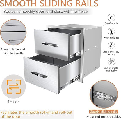 Pull Out Trash Drawer, Lower Sliding Rails Stainless Steel Roll Out Trash Bin Pull Out Tray With Handle For Outdoor Kitchen BBQ Island Grill Station,Double Drawers