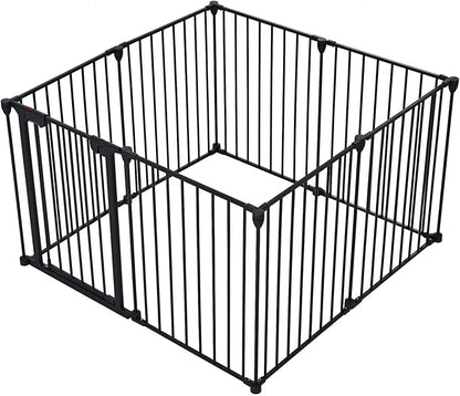 8-Panel Configurable Metal Safety Gate Play Yard - 200" Adjustable Pet Fence with Walk-Through Door for Stairs, Fireplace, Christmas Tree - Indoor Foldable Child Barrier, Black