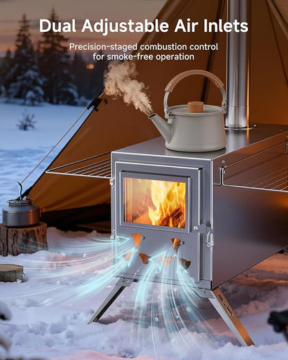 Hot Tent Wood Stove, Portable Camping Wood Burning Stove with 8 Stainless Chimney Pipes, Folding Wood Stove for Tent, Outdoor Heating, Cooking, Hunting, Ice Fishing