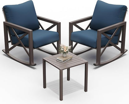 UDPATIO Rocking Chair Outdoor Oversized Metal Bistro Set 6.5" Cushion Navy | 3 by UDPATIO
