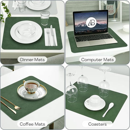 Faux Leather Placemats Set of 6 Table Mats Heat Resistant Reversible Place Mats, Waterproof Wipeable Dining Table Placemats for Home Party Outdoor, 15.8 × 11.8 inches (Green/Grey)