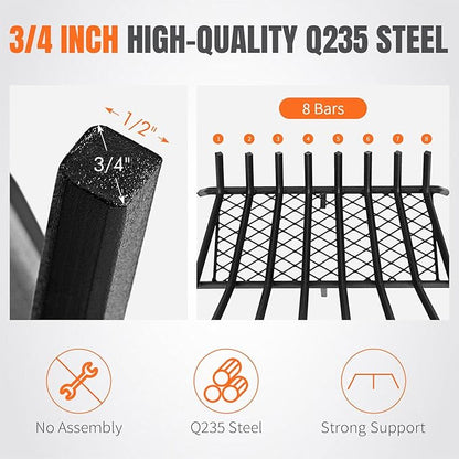 INNO STAGE Fireplace Grates with Ember Retainer - 27 Inch Fireplace Log Grate, Firewood Wood Log Holder Rack, Inside Wrought Cast Iron Fire Grate for Hearth Indoor Outdoor Camping
