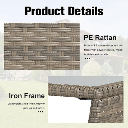 kinbor Small Patio Table - Tempered Glass Top Small Outdoor Wicker Side Table with Storage Shelf for Patio, Balcony & Porch, Durable PE Rattan & Iron Frame
