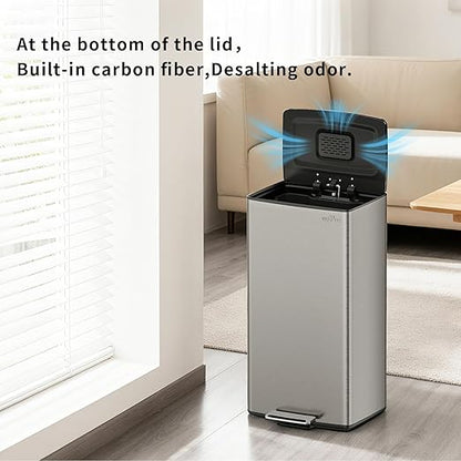 mVm Kitchen Trash Can, 40Liter / 10.6 Gal Brushed Stainless Steel Trash Can With Lid And Foot-Pedal, Soft-Close, Odor Control,Anti-Fingerprint,Garbage Can For Kitchen,Living Room,Office(Metallic Gray)