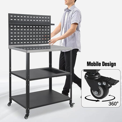 Three-Tier Grill Cart with Hanging Plate,Grill Table with 2 Locking Casters for Patio and Backyard,Stainless Steel Pizza Oven Stand Table,Black