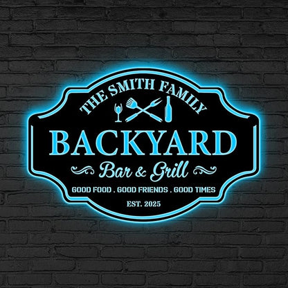Custom Backyard Bar & Grill LED Sign – Personalized BBQ Sign, 16-Color LED with Remote Control, Barbecue Custom Led Sign, Bar Metal Wall Art, Grill Art Decor for Patio, Home, Kitchen