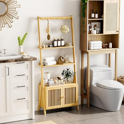 Bookcase with Drawers, 4-Tier Bamboo Bookshelf Ladder Shelf with 6 Hooks - Image 9