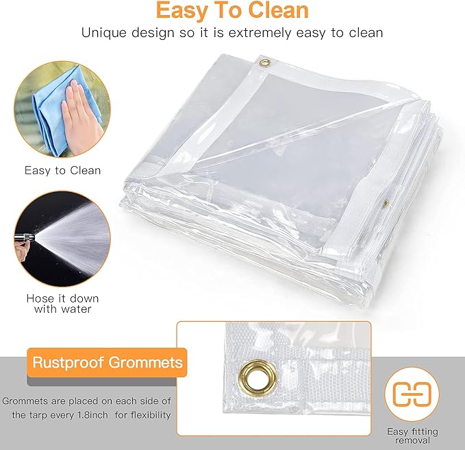 8 x 20FT Outdoor Clear Tarp Curtain Waterproof Wind-Proof 24 Mil Transparent Vinyl Tarp for Patio Pergola Garden Canopy Rainproof Anti-Tear PVC Thick Cover with Grommets