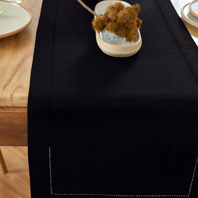 Solino Home Linen Black Table Runner 36 Inches - Medium Weight Hemstitch, 100% Pure Linen Coffee Table Runner 14 x 36 Inch Ideal for Dresser Tables - Winter