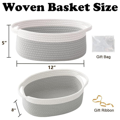 Gift Basket with Gift Bag and Ribbons,Small Rope Woven Shelf Storage,Baskets for Gifts Empty,Birthday,Baby Shower,Decorative Organizer Box with Handles(White&Grey)