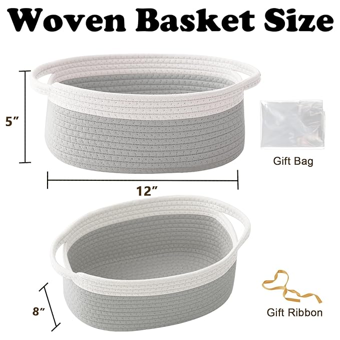 2 Pack Gift Basket with Gift Bag and Ribbons,Small Rope Woven Shelf Storage,Baskets for Gifts Empty,Birthday,Baby Shower,Decorative Organizer Box with Handles(White&Grey)