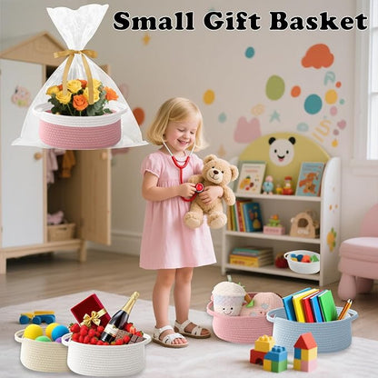 Gift Basket with Gift Bag and Ribbons,Small Rope Woven Shelf Storage,Baskets for Gifts Empty,Birthday,Baby Shower,Decorative Organizer Box with Handles(White&Pink)