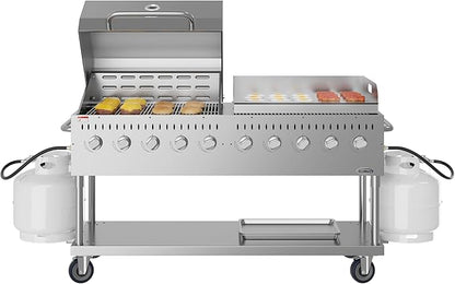 72 in. 10-Burner Commercial Outdoor Propane Gas Grill With 36 in. Roll Dome Cover and 36 in. Griddle in Stainless-Steel, ETL Listed (CGKIT7-D36G36)
