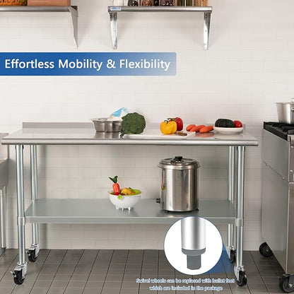 HARDURA Stainless Steel Table with Wheels 30X72 Inches NSF Heavy Duty Commercial Prep Table with 2” Backsplash and Adjustable Undershelf for Food Prep
