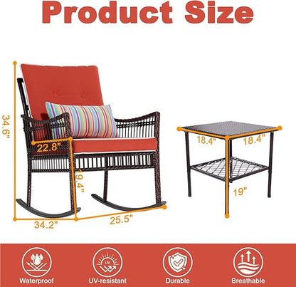 DECMICO 3-Piece Outdoor Rocking Chair Set, Wicker Bistro Furniture | Orange - Image 3