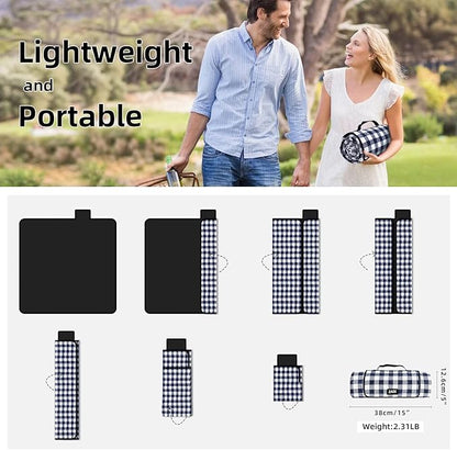 ZAZE Picnic Blankets Machine Washable, 80''x80'' Extra Large Waterproof Sandproof Foldable Compact Beach Blanket, Oversized XL Outdoor Mat for Spring Summer Camping, Park, Travel Grass(Blue and White)