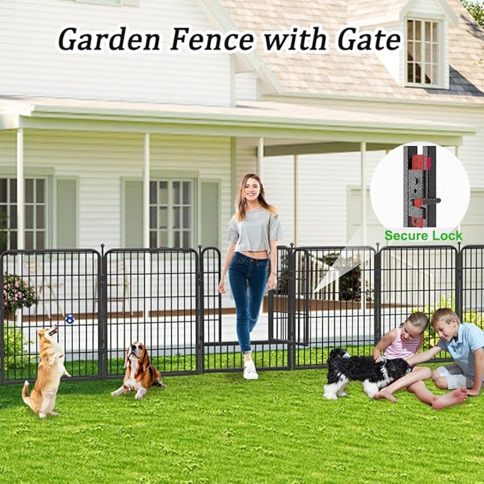 Garden Fence with Gate Metal Fencing Outdoor for Yard, 32in x50ft 22 Panels Outdoor Dog Fence Temporary Fence for Dogs Outside, Rustproof Garden Fencing Flower Bed Edging for Patio