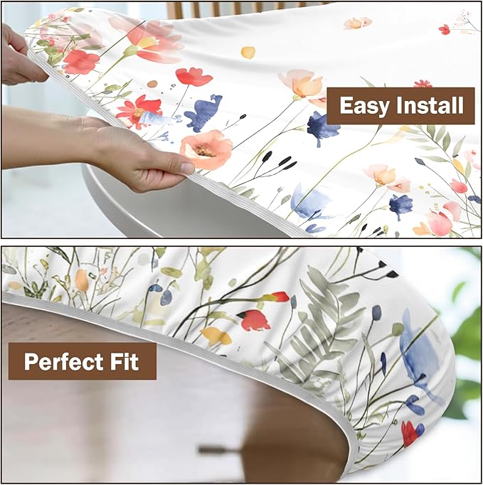 Spring Summer Floral Round Fitted Tablecloth with Elastic Watercolor Farmhouse Wildflower Circle Table Cloth for 36-40" Tables Wipeable Waterproof Easter Flower Table Cover for Picnic Dining Outdoor