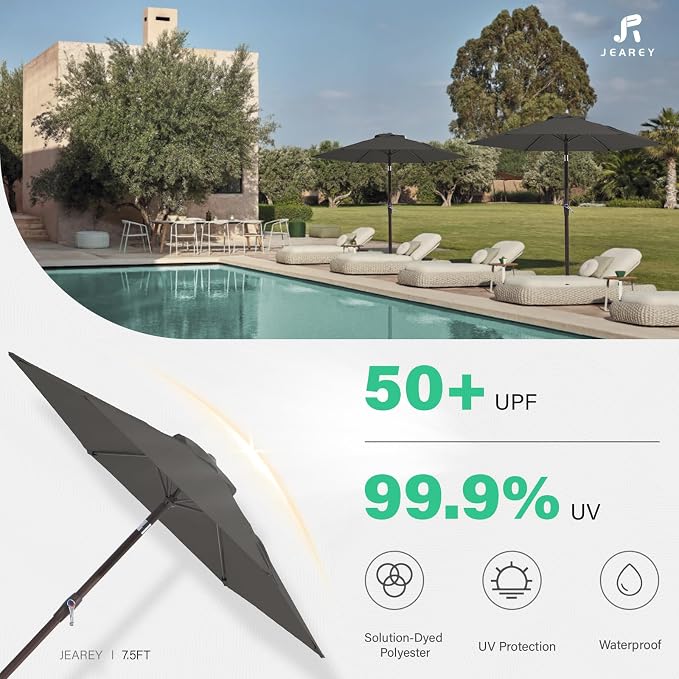 JEAREY 7.5 ft Outdoor Patio Umbrella, Table Umbrella, Tilt & Crank lift - Image 3